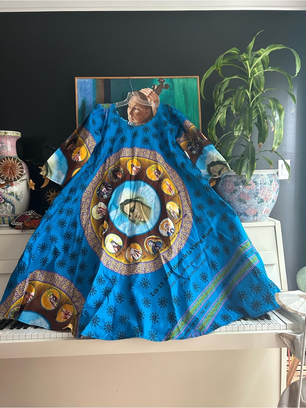 Handmade African Wax Print Virgin Mary Dress Blue Religious Midi Boho Artisan